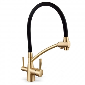 ROLYA Brushed Golden Pull Out Kitchen Sink Faucet Dual Handle 3 in 1 High Arc Water Filter Tap --KF2098