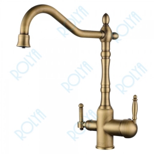 ROLYA Old Style Farmhouse 3 Way Kitchen Faucet Antique Brass
