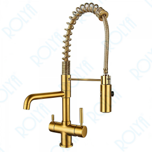 ROLYA 2026 New Arrival Spring Pull Down TriFlow Kitchen Faucet Brushed Golden KF1040-BG