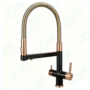 ROLYA Pull Down 4 Way Faucet With Sparkling Water Rose Golden&Black KF4098-RGB