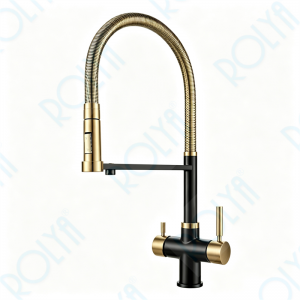 ROLYA NEW Pull Down 5 Way Kitchen Faucet With Sparkling Water Golden&Black KF5266-GB