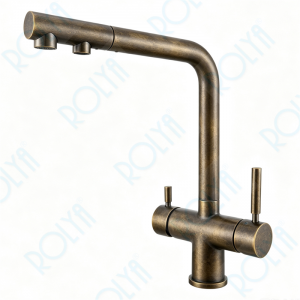 ROLYA 4-Way Pull Out Kitchen Faucet for Filtered Chilled Sparkling Water, Separate Drinking Water Line Antique Brass KF4118-AB